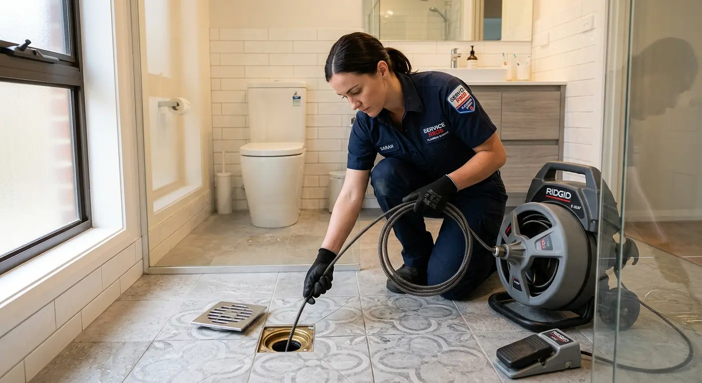 Technician clearing a bathroom floor drain for Hydro Jetting in Caledonia